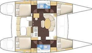 Oscar III Yacht Photos Pics Floor plan of 2018 Lagoon 380 catamaran, featuring cabins, bathrooms, and central living area.