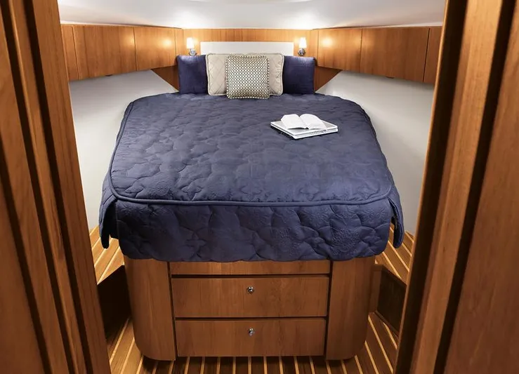 Fifth Case Yacht Photos Pics Manufacturer Provided Image: 2016 Tiara Yachts 4300 Open cabin with bed and wooden interior.