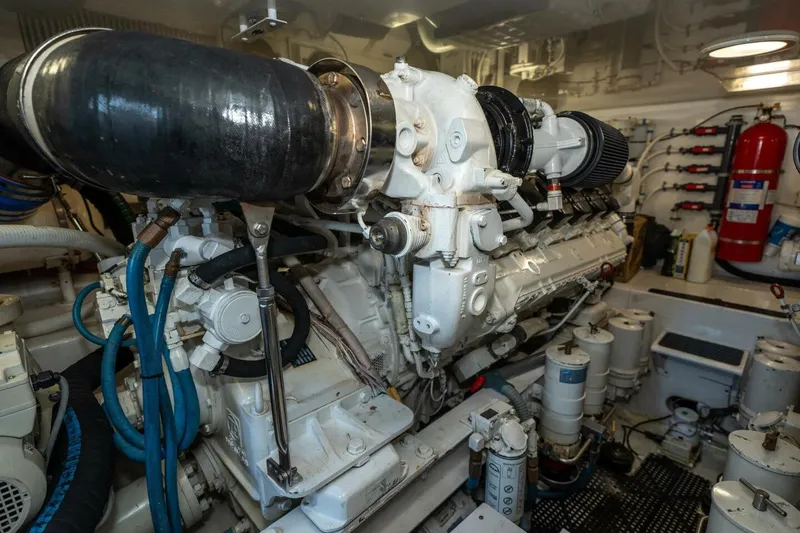 Stay Salty Yacht Photos Pics Engine room of a 2009 Viking 50 Convertible yacht, showcasing machinery and equipment.