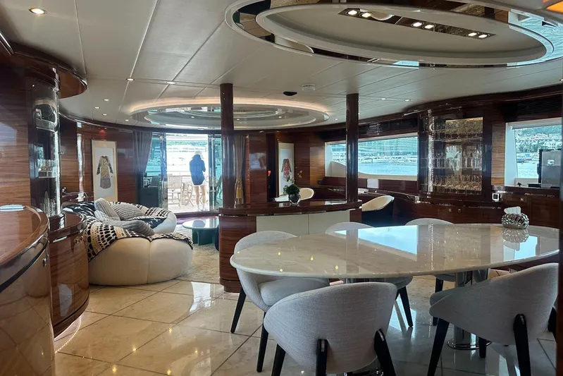  Yacht Photos Pics Luxurious interior of 2011 Horizon 110 yacht with elegant furnishings and panoramic windows.