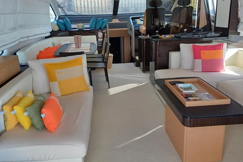  Yacht Photos Pics Luxurious interior of 2018 Azimut 77S yacht with colorful cushions and modern decor.