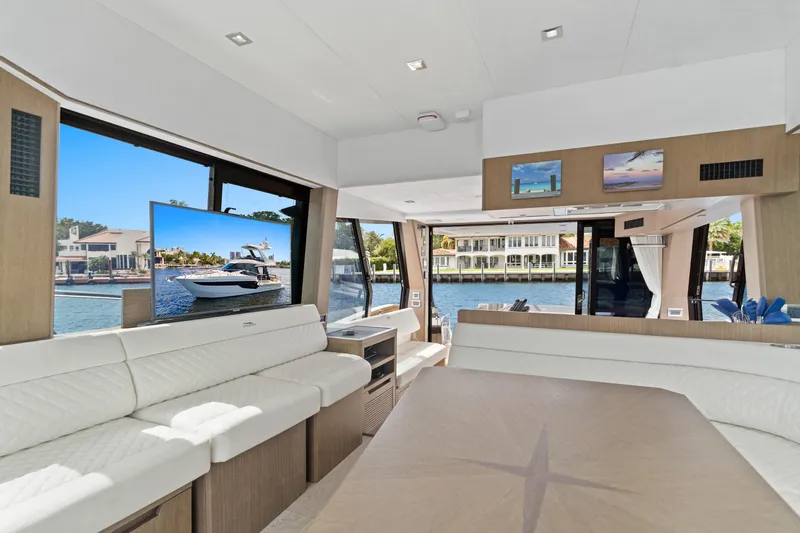  Yacht Photos Pics Luxurious interior of 2021 Galeon 500 Fly yacht with waterfront view.