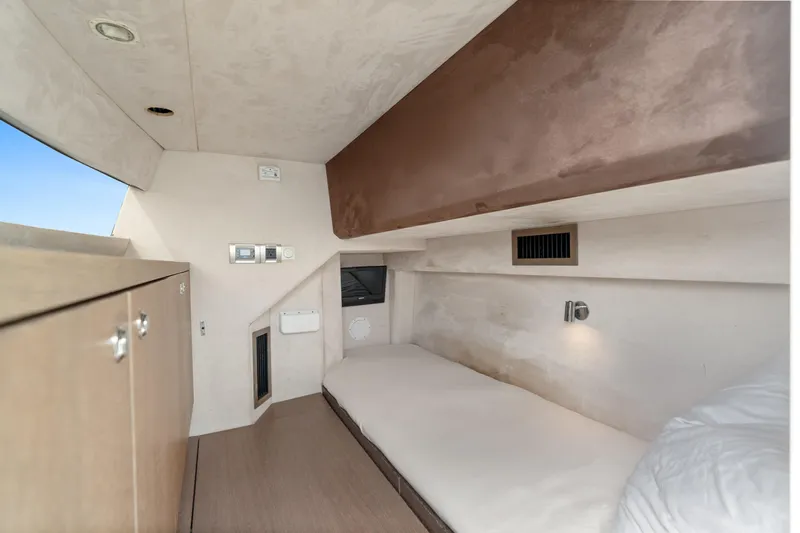  Yacht Photos Pics 2021 Galeon 500 Fly yacht interior cabin with modern design and cozy bed.