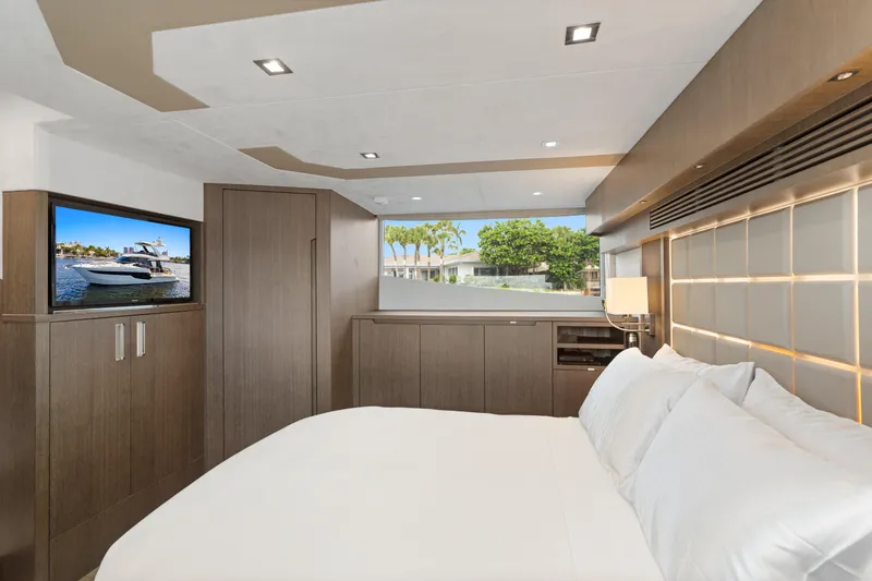  Yacht Photos Pics Luxurious interior of 2021 Galeon 500 Fly yacht with modern bedroom design.