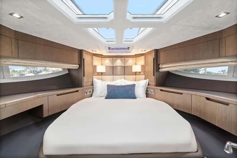  Yacht Photos Pics Luxurious interior of 2021 Galeon 500 Fly yacht with elegant bedroom design.