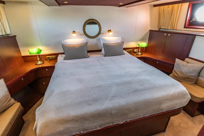 San Gottardo Yacht Photos Pics Luxurious 2009 Altena Expedition yacht bedroom with cozy bed and elegant wooden furnishings.
