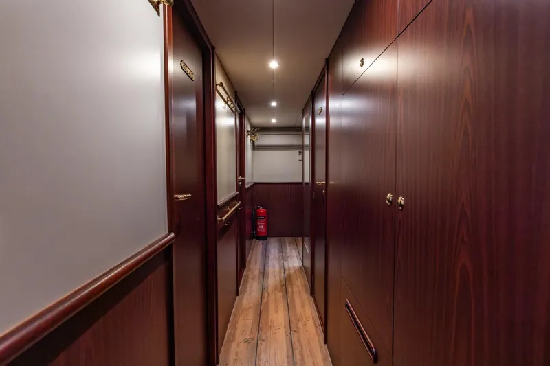 San Gottardo Yacht Photos Pics Luxurious wooden interior hallway of 2009 Altena Expedition yacht.