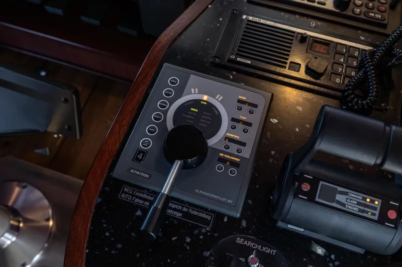 San Gottardo Yacht Photos Pics Control panel of a 2009 Altena Expedition boat with navigation and communication equipment.