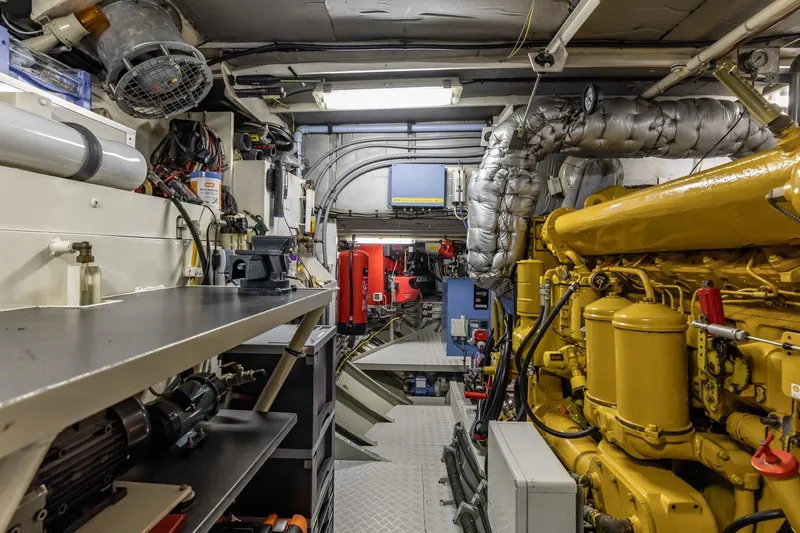 San Gottardo Yacht Photos Pics Engine room of 2009 Altena Expedition yacht with machinery and equipment.