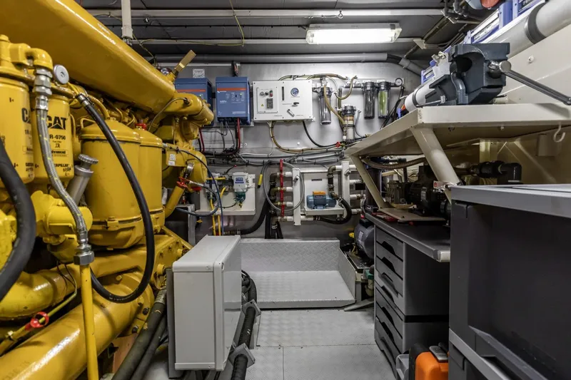 San Gottardo Yacht Photos Pics Engine room of 2009 Altena Expedition yacht with machinery and equipment.