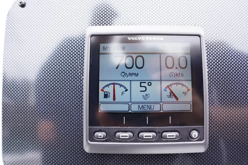 Tender 2 Yacht Photos Pics Volvo Penta display on 2020 Novurania Chase boat dashboard showing RPM and temperature.