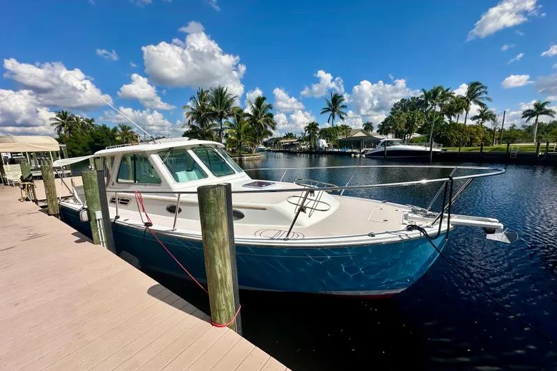  Yacht Photos Pics 2006 Back Cove 29 boat docked by a scenic waterfront with palm trees and blue sky.