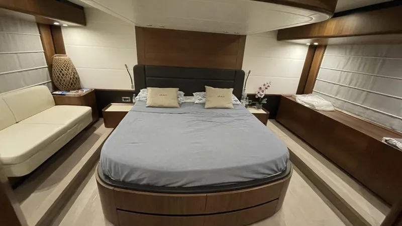 Grace Yacht Photos Pics Luxurious bedroom interior of 2016 Absolute NAVETTA 58 yacht with modern furnishings.