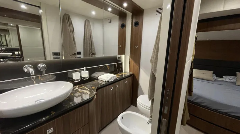 Grace Yacht Photos Pics Luxurious bathroom in 2016 Absolute NAVETTA 58 yacht, featuring modern fixtures and elegant design.