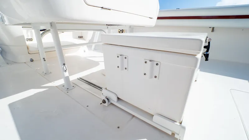  Yacht Photos Pics 2012 Intrepid 400 Center Console interior with white seating and storage.