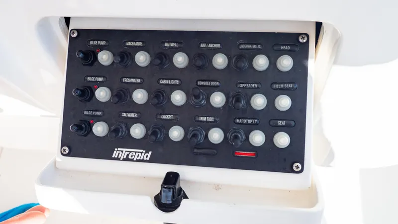  Yacht Photos Pics Control panel of a 2012 Intrepid 400 Center Console boat.