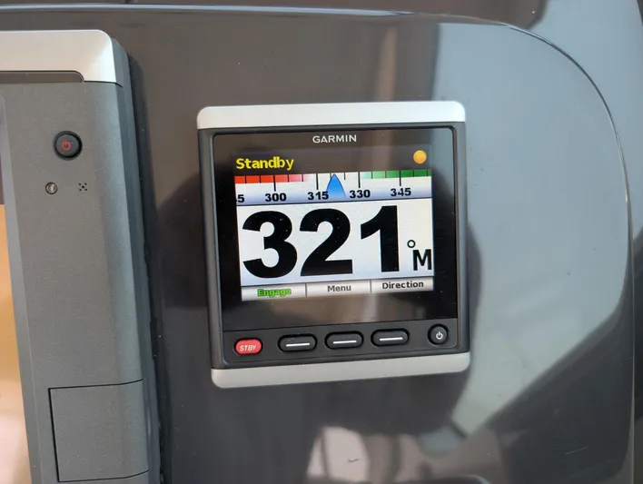 Finale Yacht Photos Pics Garmin navigation display on 2015 Tiara Yachts 3100 Open, showing heading of 321 degrees.