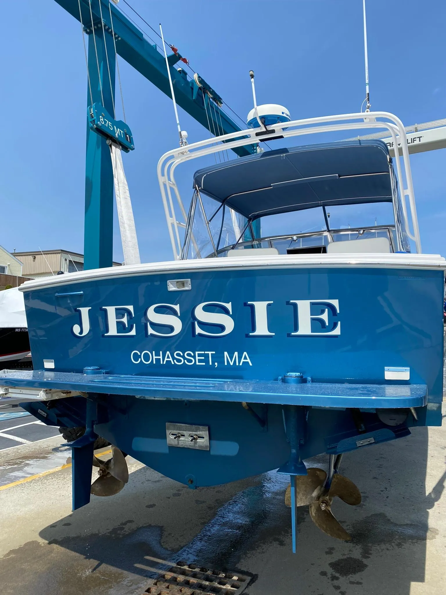 1995 Blackfin 29-2 Combi boat named "Jessie" in Cohasset, MA, on a lift.
