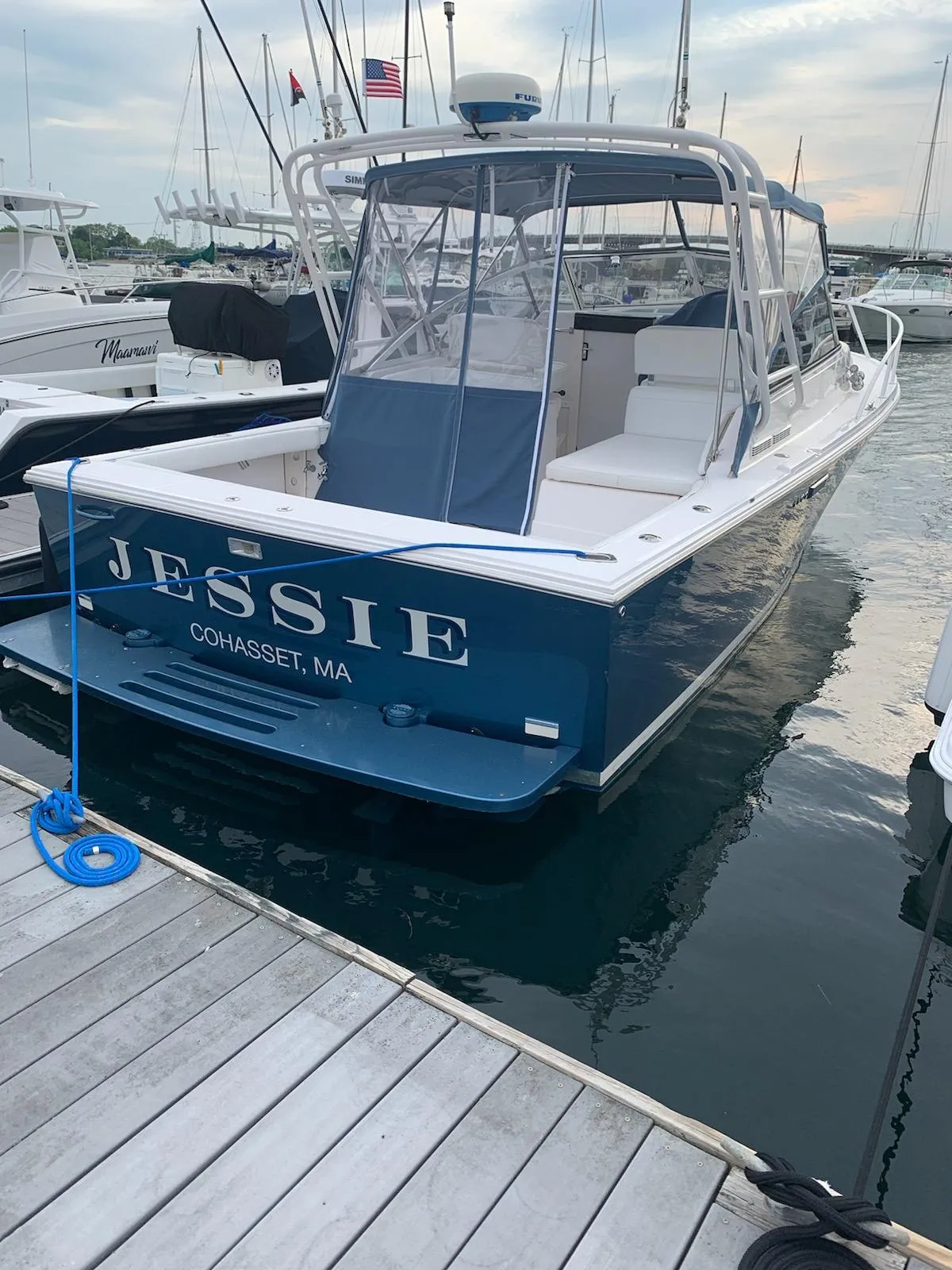 1995 Blackfin 29-2 Combi boat docked, named "Jessie," in Cohasset, MA marina.
