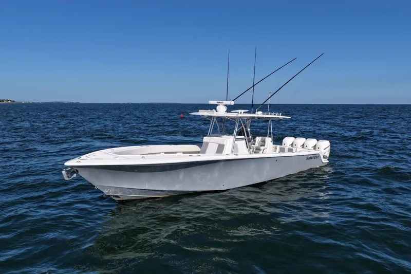 Impatient Yacht Photos Pics 2016 SeaVee 390Z boat on open water, featuring multiple outboard engines.