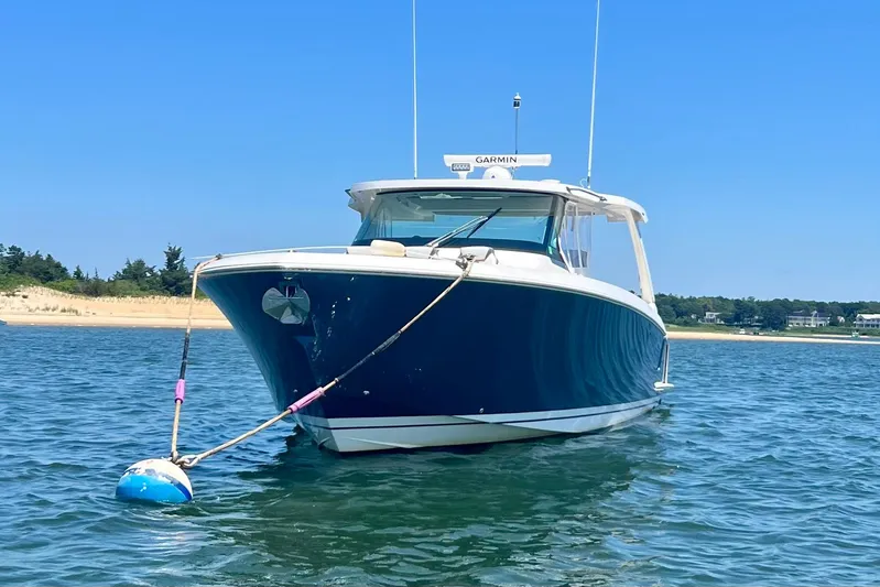 Ivernia Yacht Photos Pics 2020 Tiara Yachts 43 LS anchored in calm waters near a sandy shoreline.
