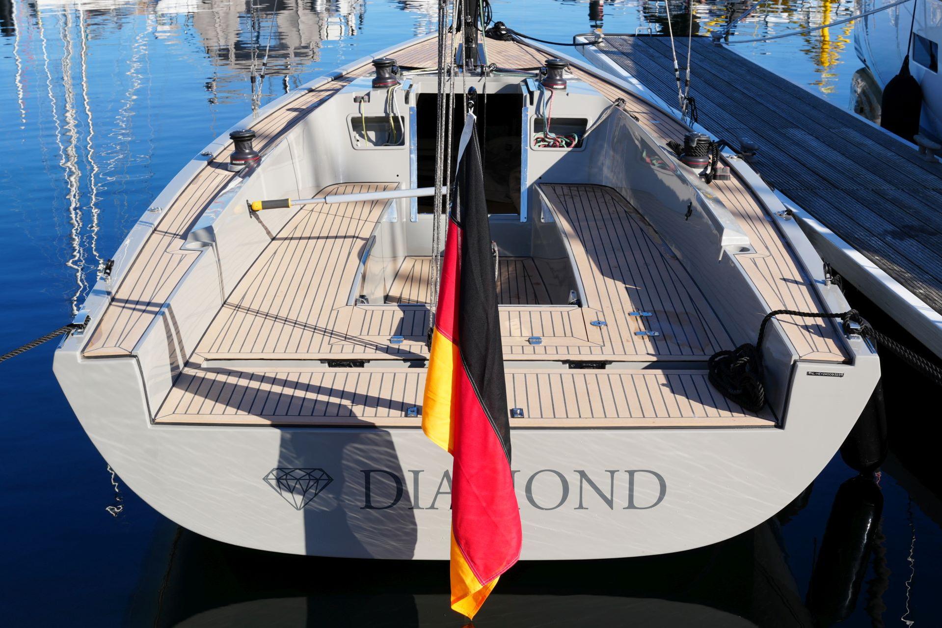 2023 Saffier SE 24 Lite sailboat docked, featuring sleek deck design and German flag.