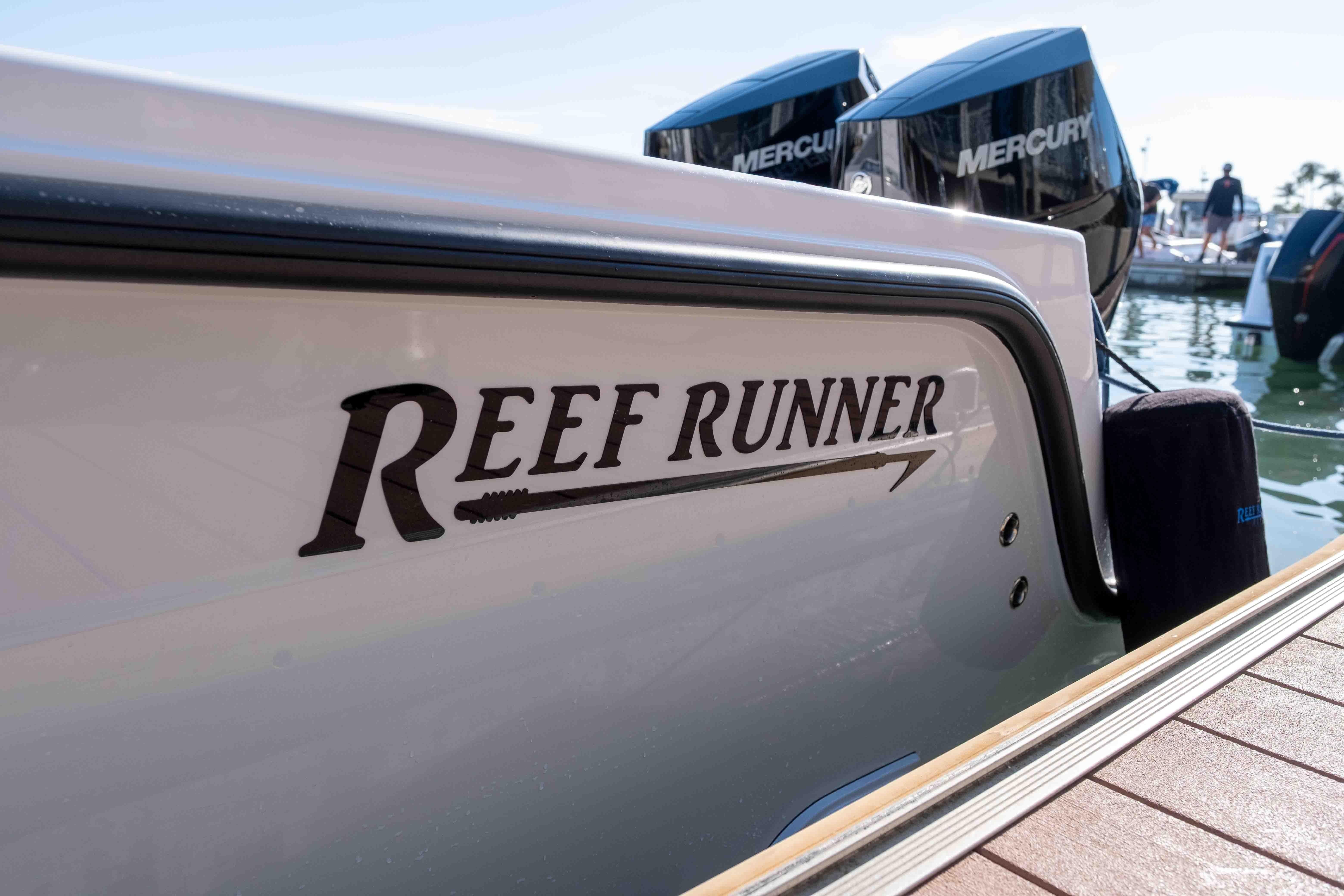 Reef Runner 340 boat, 2026 model, featuring Mercury engines.
