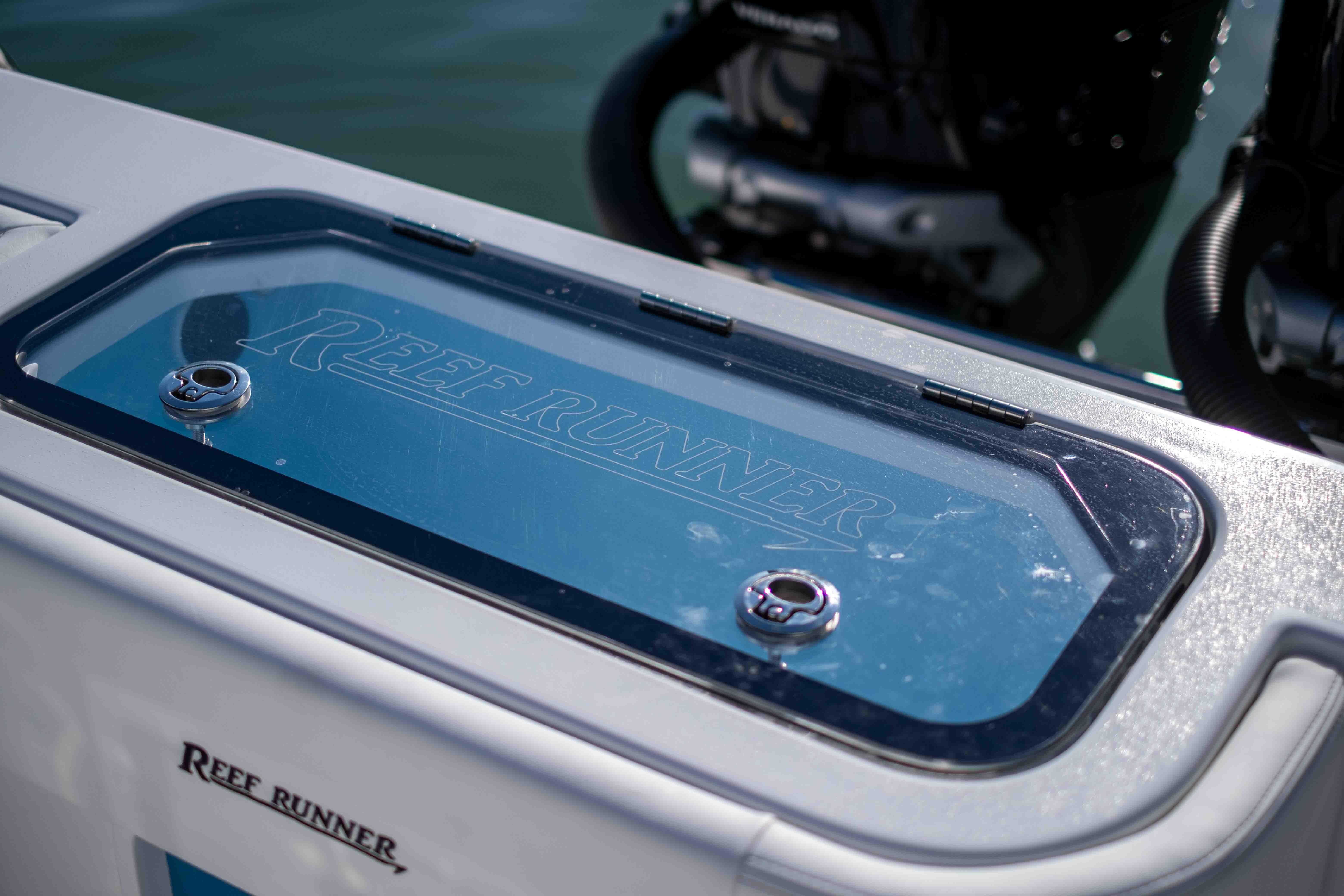 Reef Runner 340 boat, deck detail, model year 2026.
