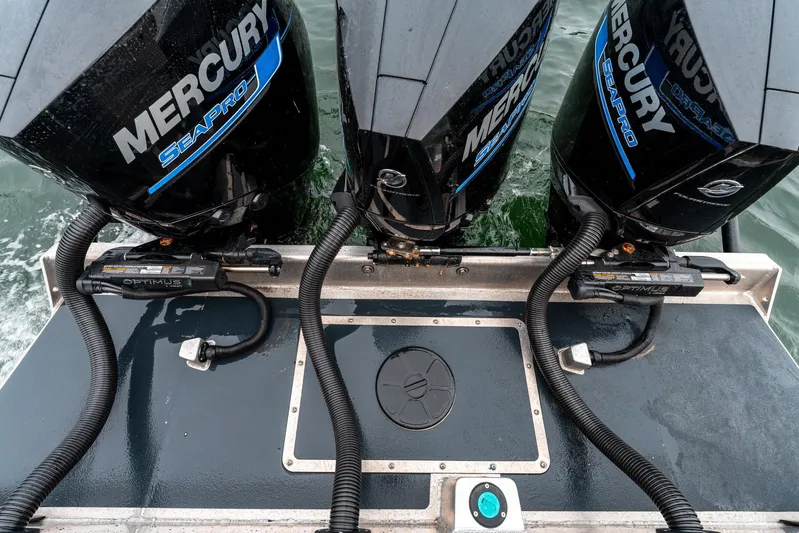  Yacht Photos Pics Triple Mercury outboard engines on a 2023 Liquid Metal Marine Maquinna Crew boat.