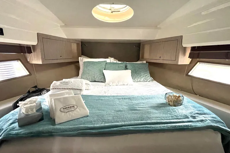  Yacht Photos Pics Luxurious cabin interior of 2024 Sessa Marine F42 Flybridge yacht.