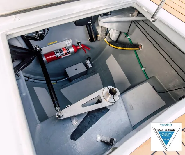 Vision 444es Yacht Photos Pics Vision 444 boat interior, 2025 model, featuring a fire extinguisher and mechanical components.