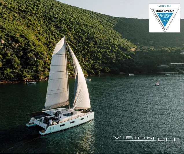 Vision 444es Yacht Photos Pics Sailing yacht Vision 444 ES cruising near lush green hills, 2025 model.