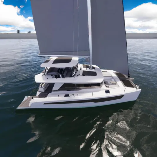 Mazarin 55 Evo II - New Model Release Yacht Photos Pics 2025 Mazarin 55 Evo II Catamaran sailing on calm waters.