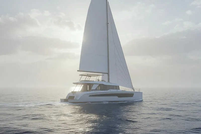 Mazarin 55 Evo II - New Model Release Yacht Photos Pics 2025 Mazarin 55 Evo II catamaran sailing on calm ocean waters at sunrise.