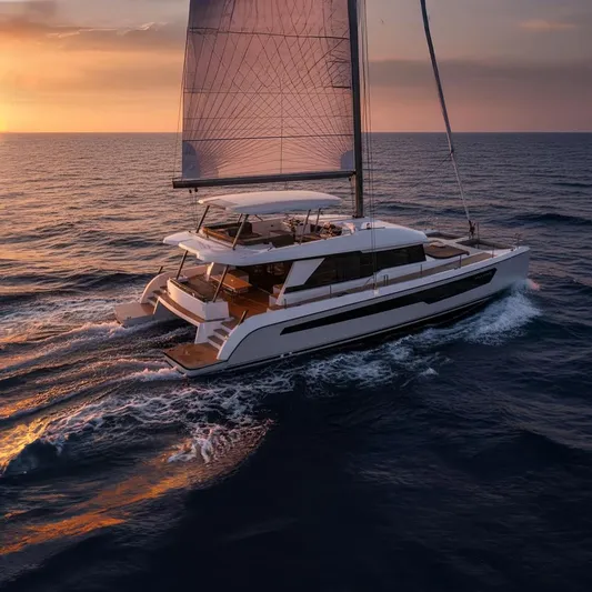 Mazarin 55 Evo II - New Model Release Yacht Photos Pics Mazarin 55 Evo II catamaran sailing at sunset.