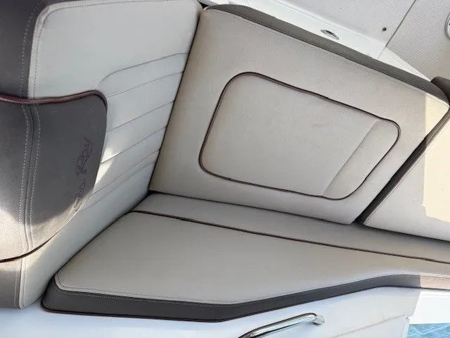 Bella Vida Yacht Photos Pics 2014 Sea Ray 310 Sundancer boat seating with beige upholstery and sleek design.