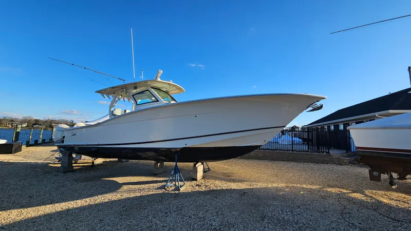  Yacht Photos Pics 2019 Scout 355 LXF boat on a dry dock.
