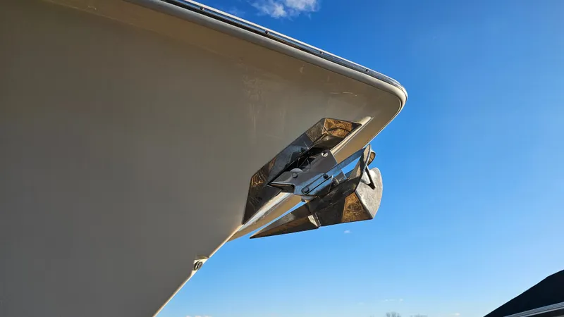  Yacht Photos Pics Scout 355 LXF 2019 boat bow with anchor, blue sky.