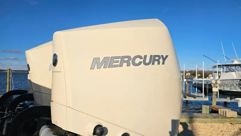  Yacht Photos Pics Mercury outboard motor on Scout 355 LXF boat, 2019 model.