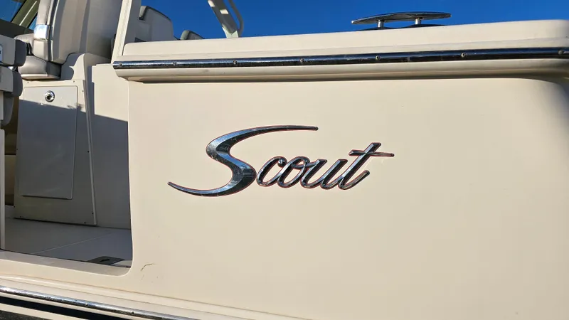  Yacht Photos Pics Scout 355 LXF 2019 boat logo on cream background.