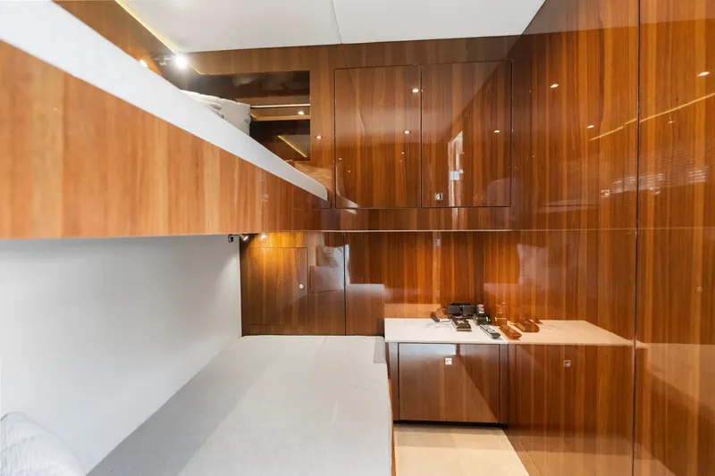 Tropical Dreamer Yacht Photos Pics Luxurious interior of 2022 Cruisers Yachts 54 Cantius with sleek wood finishes.