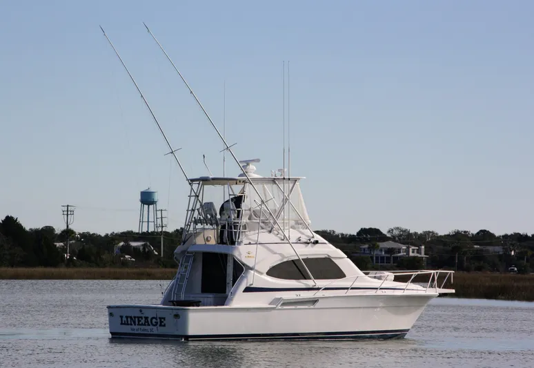 Lineage Yacht Photos Pics 2003 Bertram 390 Convertible boat on calm water with distant shoreline and water tower.