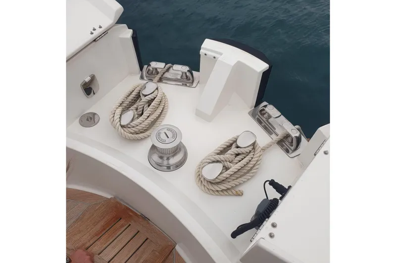Point Break Yacht Photos Pics Deck of 2021 Bluegame BG 42 yacht with ropes and cleats.