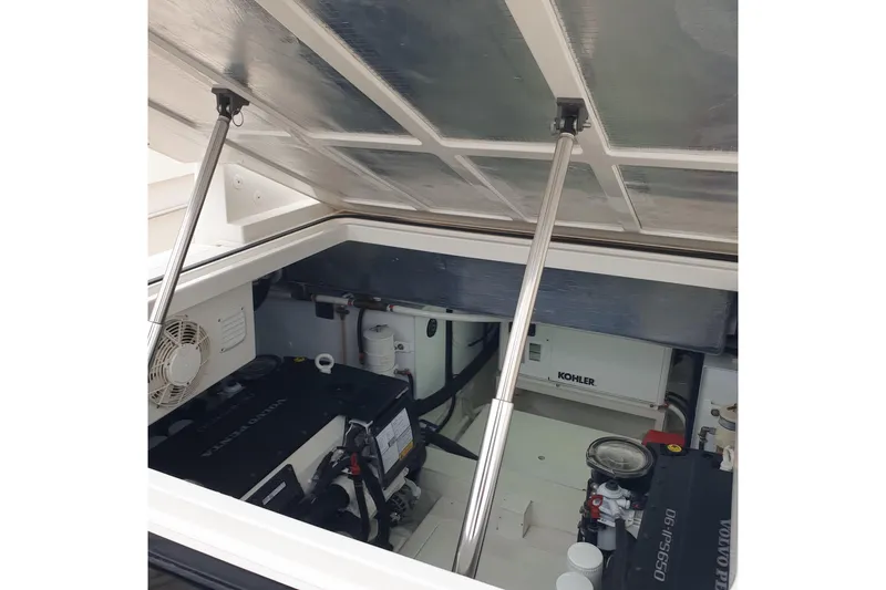 Point Break Yacht Photos Pics Engine compartment of 2021 Bluegame BG 42 yacht with visible Volvo Penta engine.
