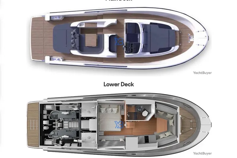Point Break Yacht Photos Pics Top-down view of 2021 Bluegame BG 42 yacht's main and lower decks layout.