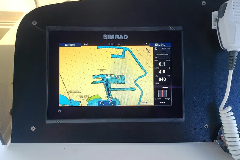 Dolce Far Niente Yacht Photos Pics Simrad navigation display on 2004 Mainship 34 Pilot II boat, showing a nautical chart.