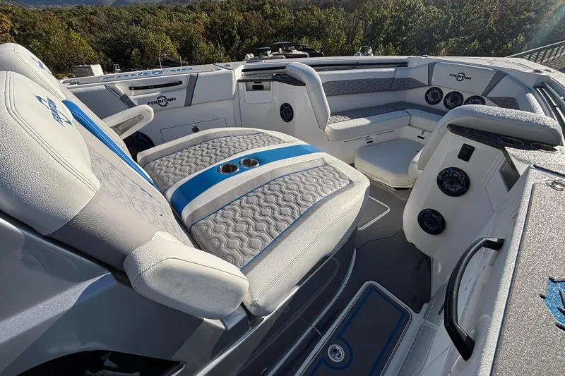  Yacht Photos Pics 2024 Fountain 38 SCX boat interior with luxurious seating and modern design.