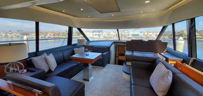 " La Bella Vita" Yacht Photos Pics Luxurious interior of a 2017 Prestige 560 Flybridge yacht with elegant seating and panoramic windows.