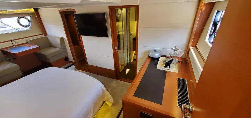 " La Bella Vita" Yacht Photos Pics Luxurious interior of 2017 Prestige 560 Flybridge yacht cabin with modern amenities.