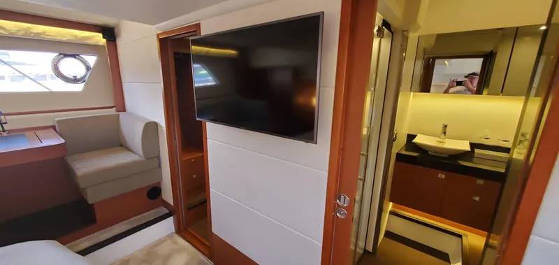 " La Bella Vita" Yacht Photos Pics Luxurious interior of a 2017 Prestige 560 Flybridge yacht with modern amenities.